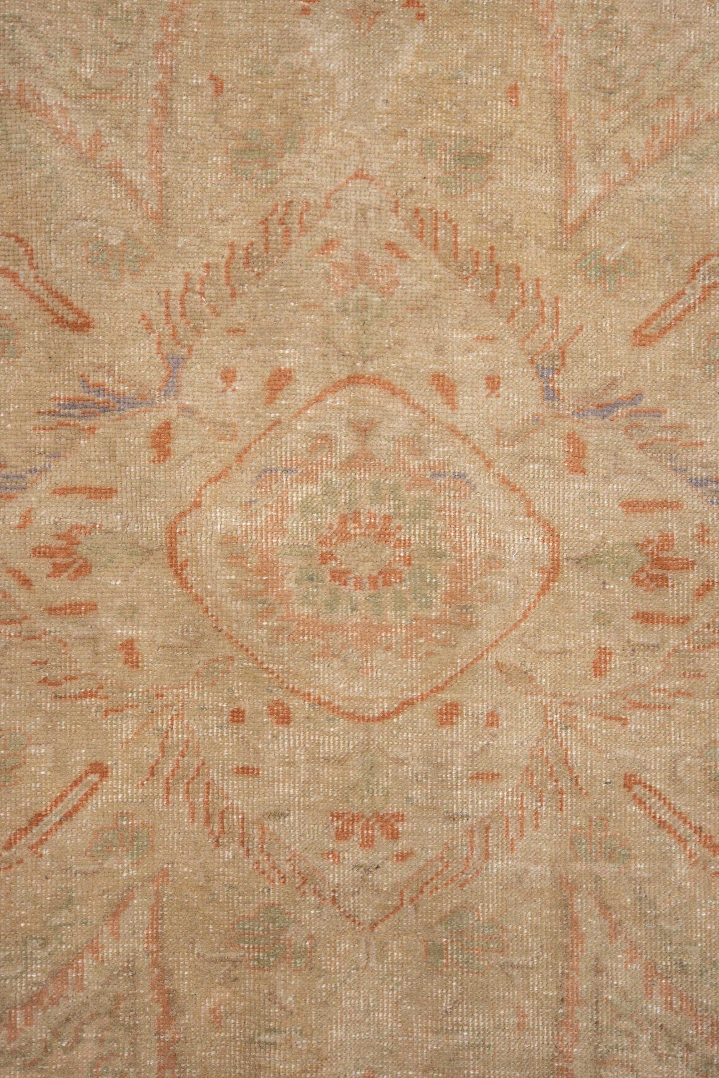 6' x 9' one-of-a-kind handmade antique Kaisary medium size rug. Color palette: ivory, blush, sand, taupe, sage, peach, pink