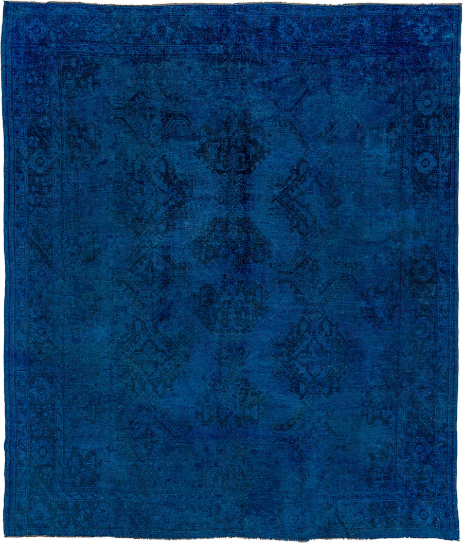 10' x 11' one-of-a-kind handmade antique Overdyed large size rug. Color palette: cobalt, navy, indigo, teal, charcoal, blue