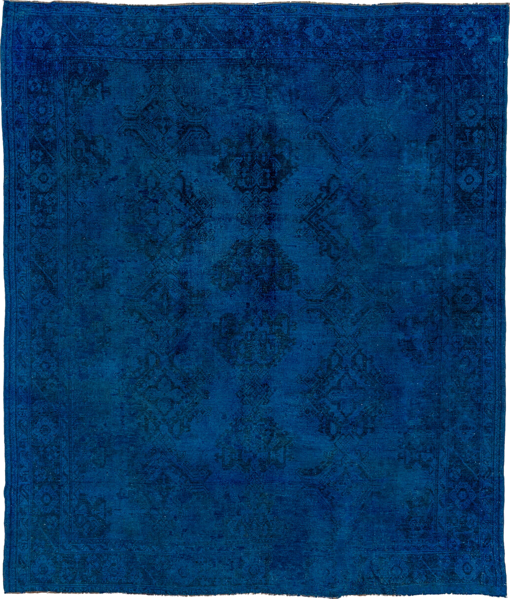 10' x 11' one-of-a-kind handmade vintage Overdyed large size rug. Color palette: blue, gray, steel blue