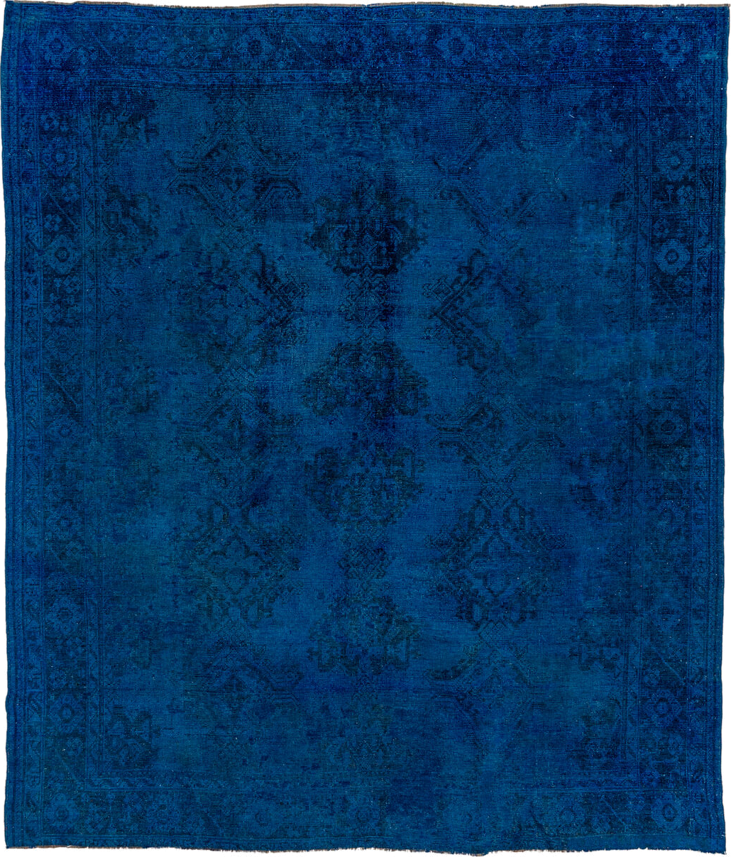 10' x 11' one-of-a-kind handmade antique Overdyed large size rug. Color palette: cobalt, navy, indigo, teal, charcoal, blue