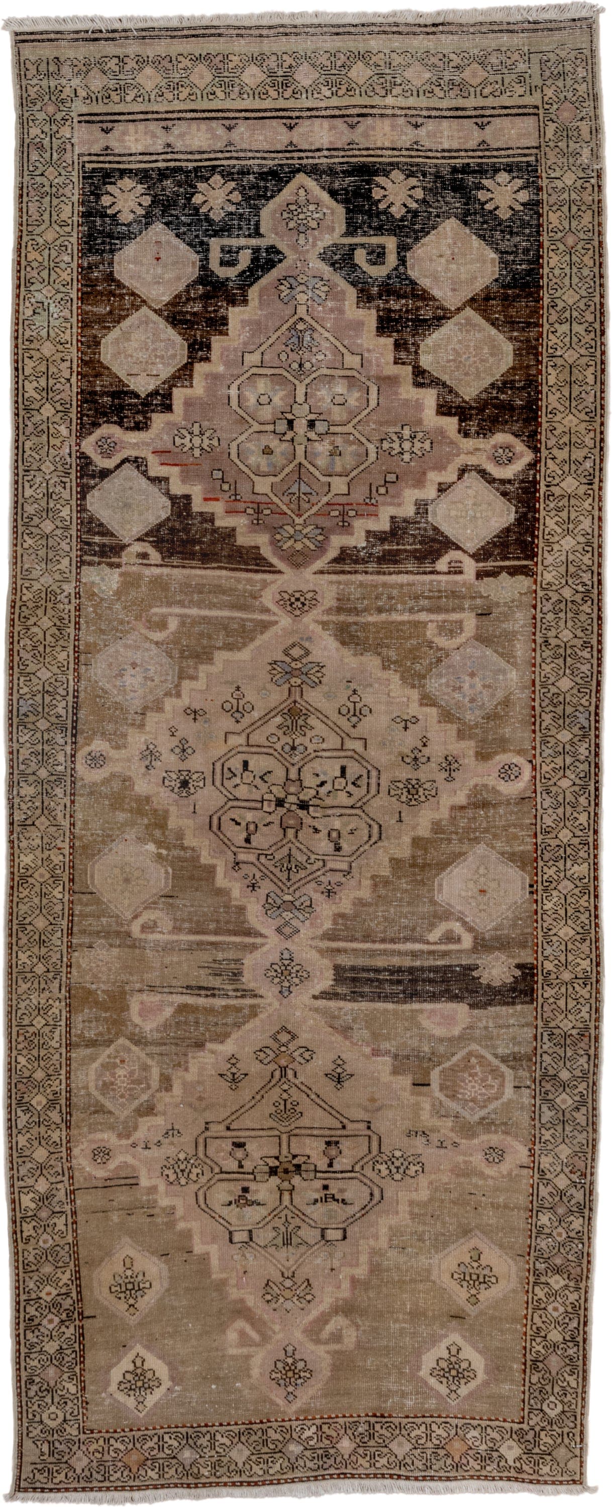 3' x 7' one-of-a-kind handmade antique Caucasian runner rug. Color palette: taupe, ivory, charcoal, blush, brown, camel