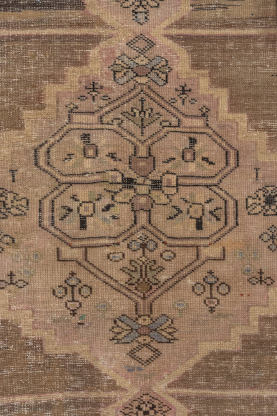 3' x 7' one-of-a-kind handmade antique Caucasian runner rug. Color palette: taupe, ivory, charcoal, blush, brown, camel