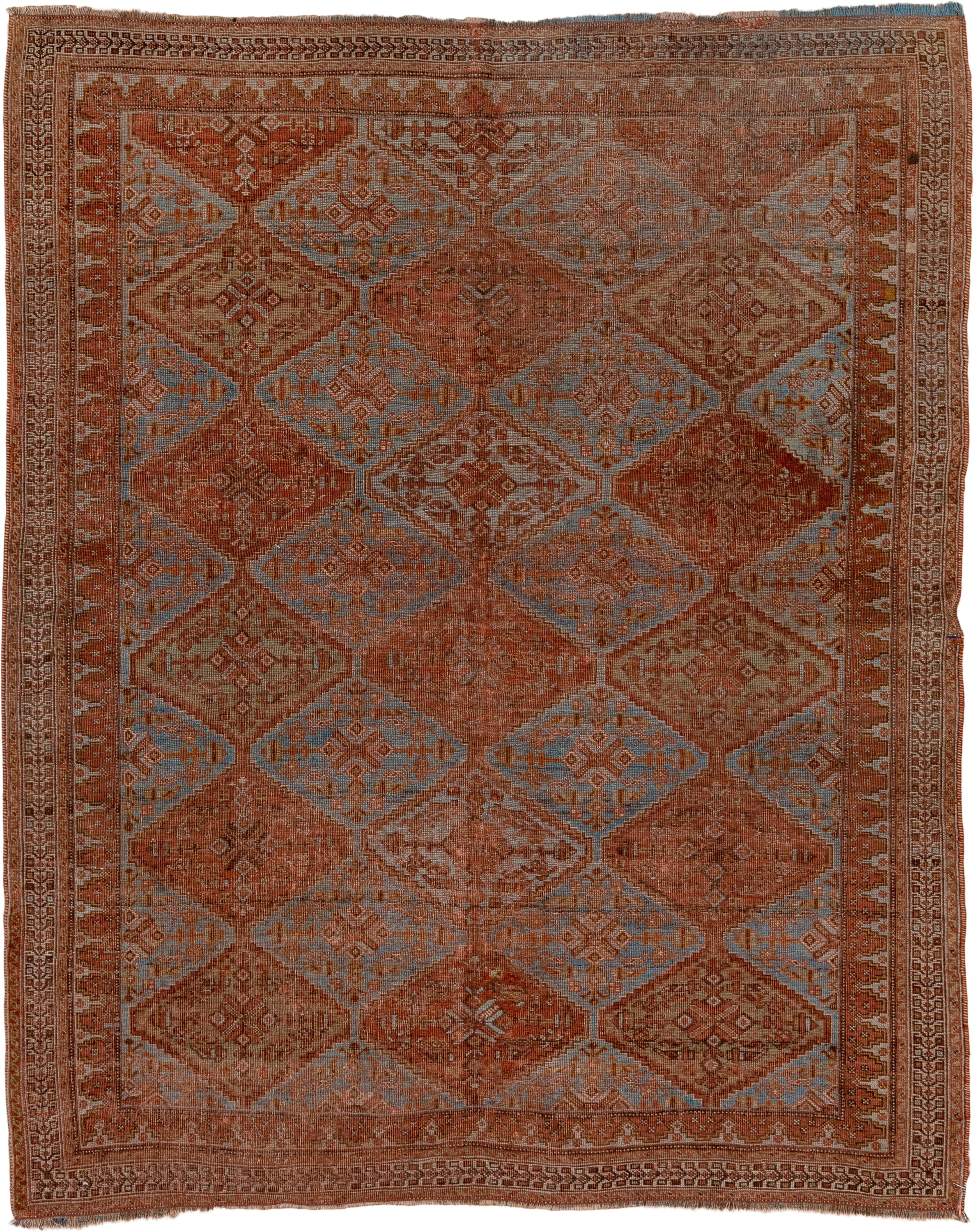 4' x 5' one-of-a-kind handmade antique Afshar small size rug. Color palette: rust, terra cotta, pale blue, ivory, camel