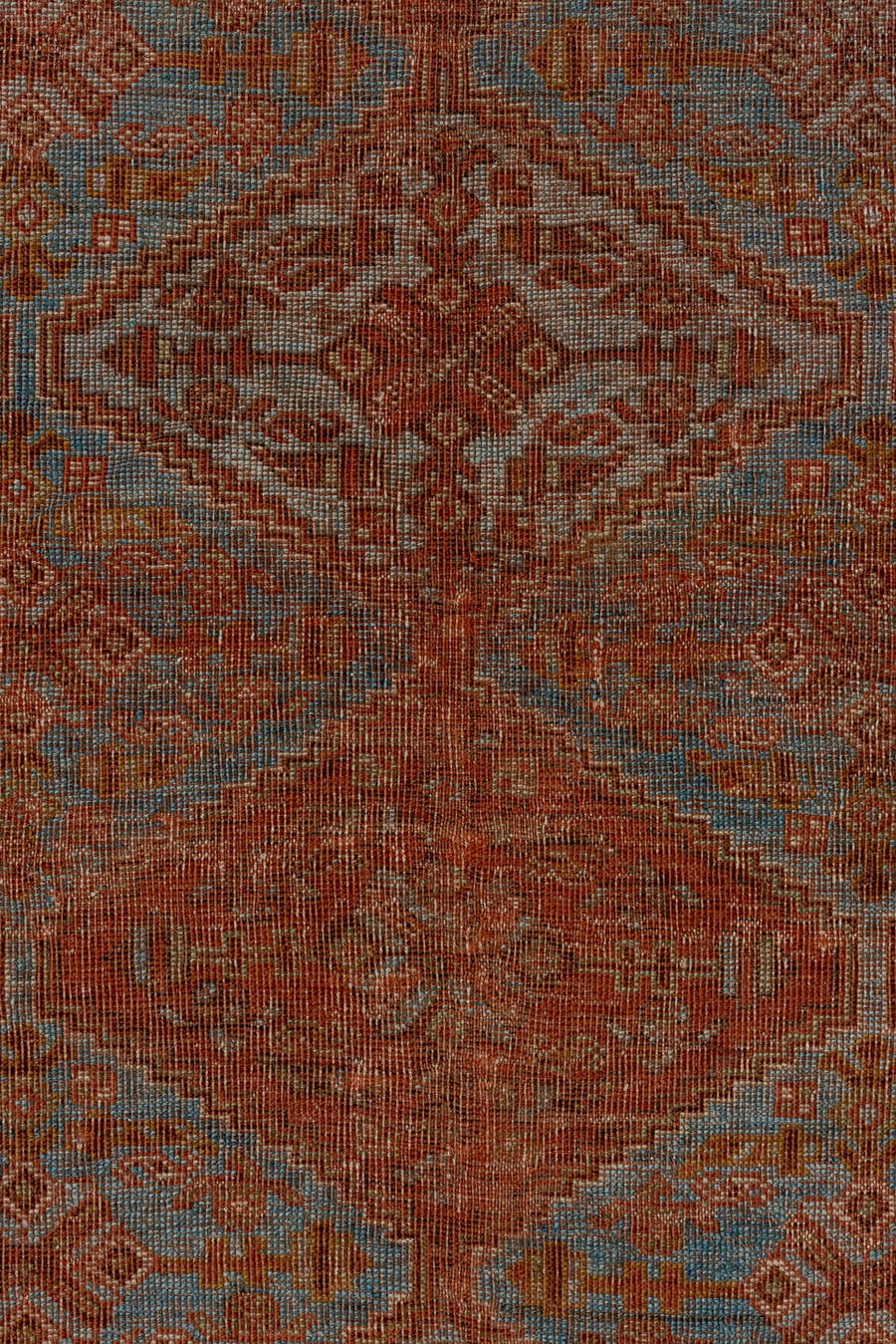 4' x 5' one-of-a-kind handmade antique Afshar small size rug. Color palette: rust, terra cotta, pale blue, ivory, camel