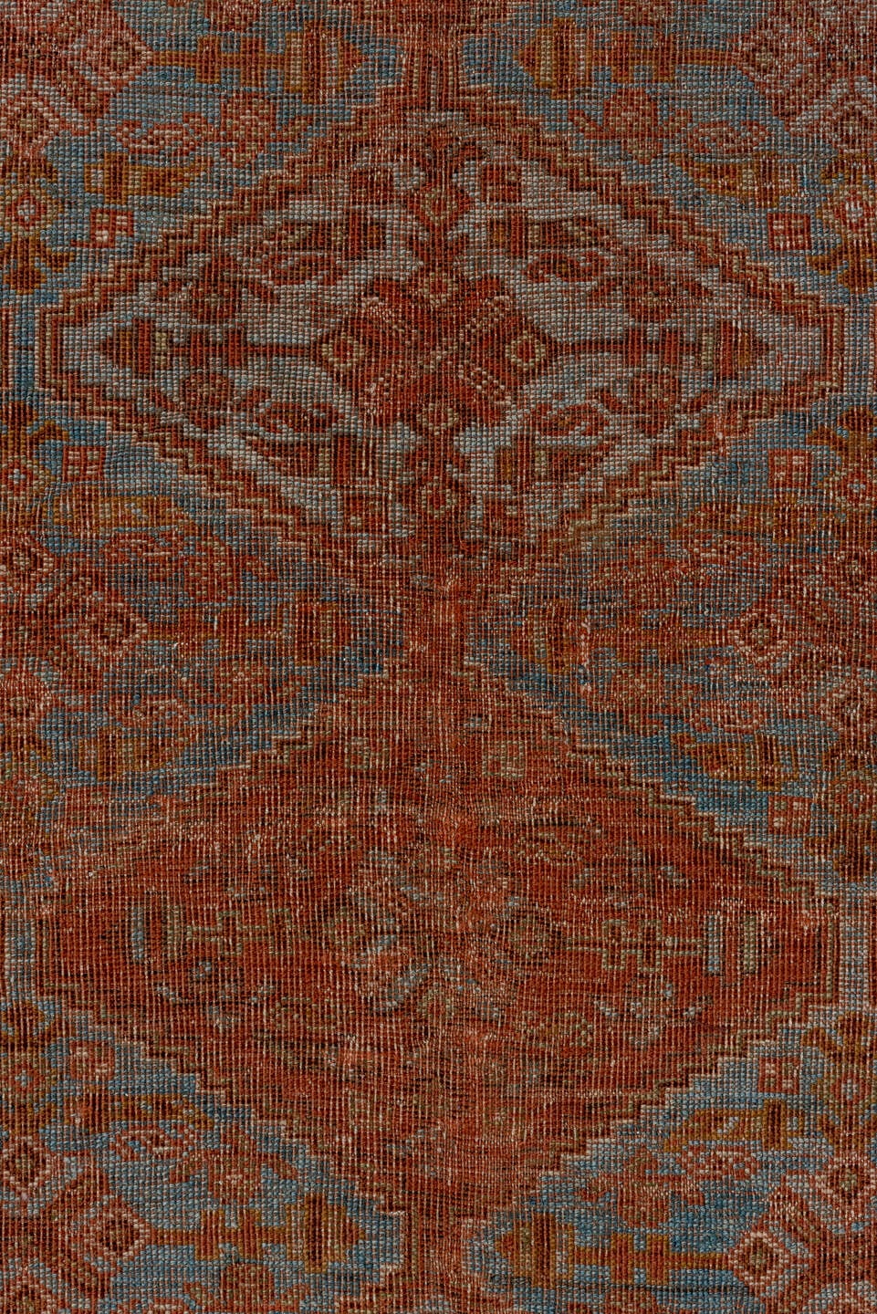 4' x 5' one-of-a-kind handmade antique Afshar small size rug. Color palette: rust, terra cotta, pale blue, ivory, camel