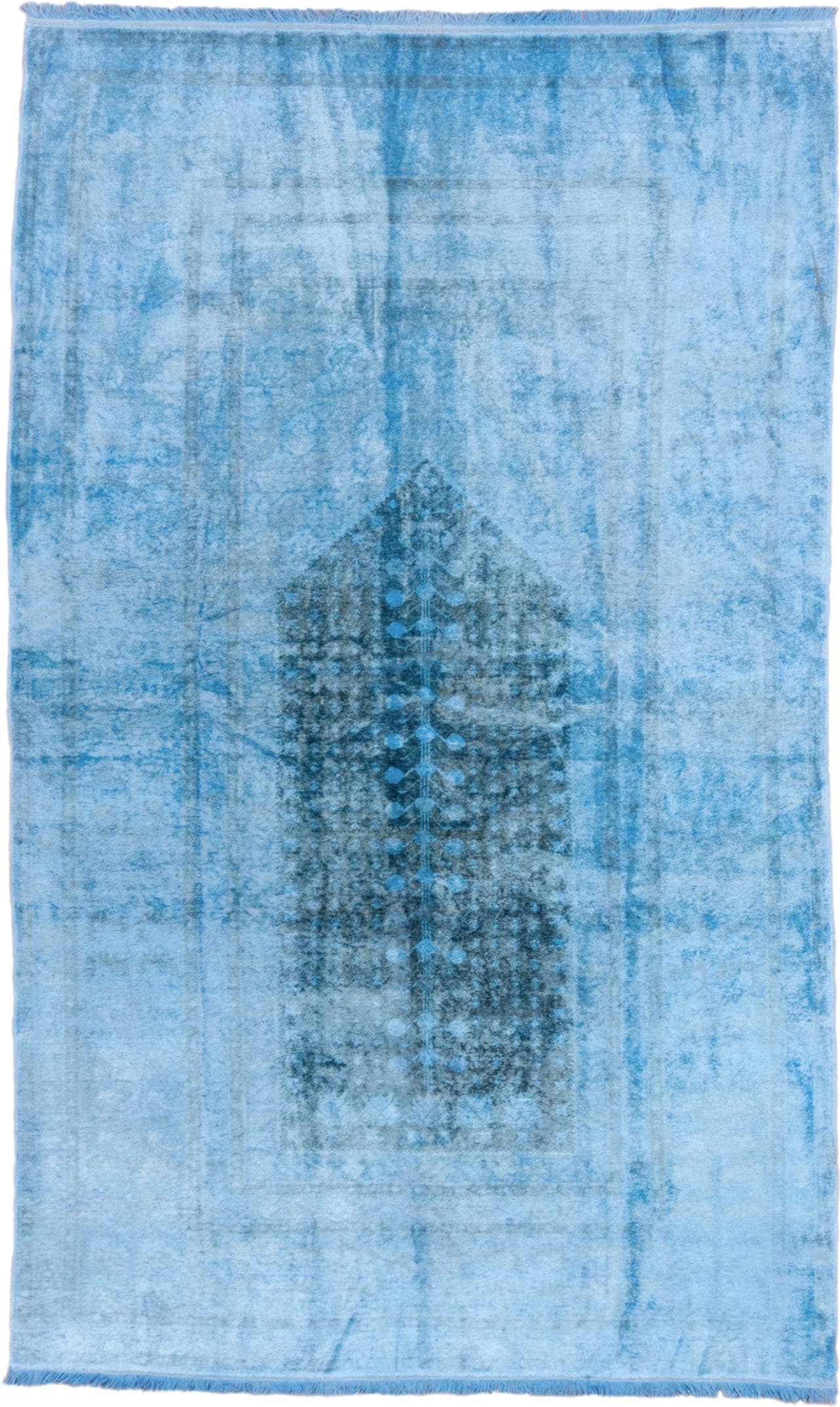3' x 6' one-of-a-kind handmade antique Overdyed small size rug. Color palette: sky blue, aqua, slate, charcoal, light blue