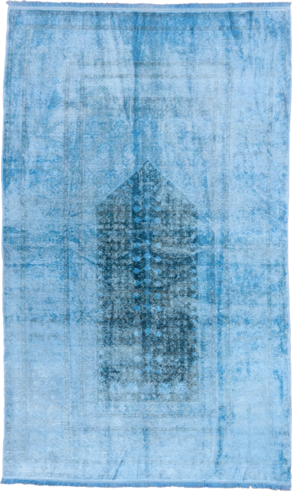 3' x 6' one-of-a-kind handmade antique Overdyed small size rug. Color palette: sky blue, aqua, slate, charcoal, light blue