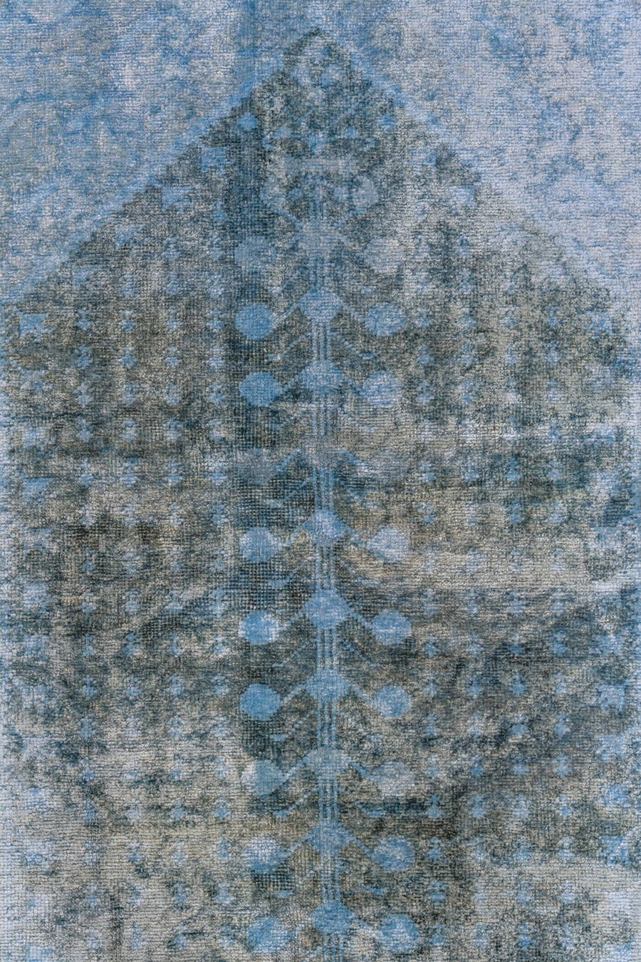 3' x 6' one-of-a-kind handmade antique Overdyed small size rug. Color palette: sky blue, aqua, slate, charcoal, light blue