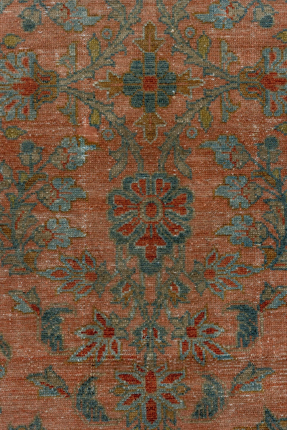 2' x 15' one-of-a-kind handmade antique Lilian runner rug. Color palette: rose, terra cotta, slate, sage, rust, ivory, pink