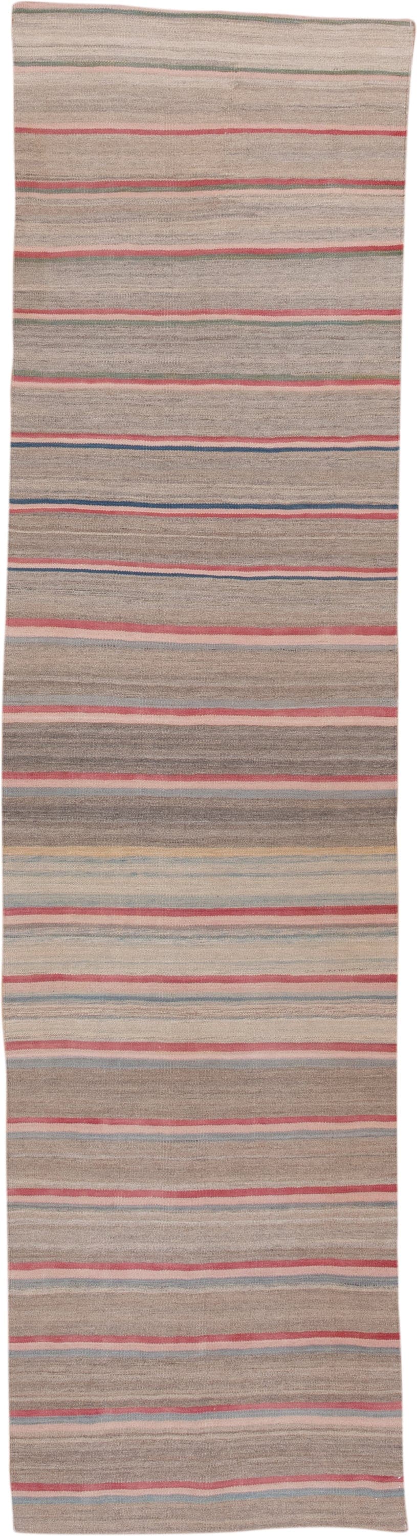 2' x 11' one-of-a-kind handmade vintage Kilim runner rug. Color palette: taupe, rose, ivory, slate, muted_blue, sage, beige