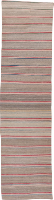 2' x 11' one-of-a-kind handmade vintage Kilim runner rug. Color palette: taupe, rose, ivory, slate, muted_blue, sage, beige