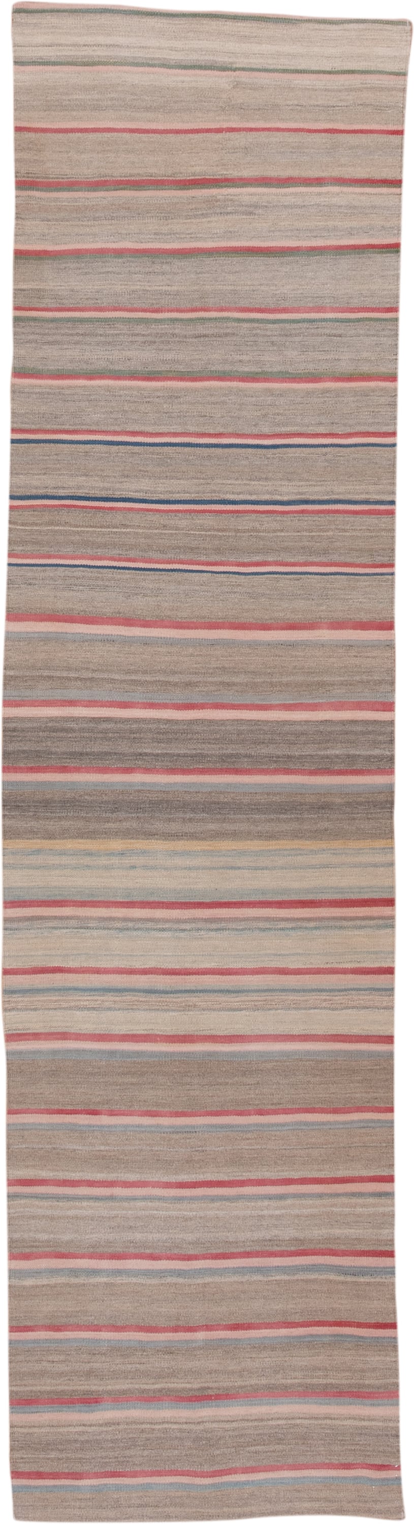2' x 11' one-of-a-kind handmade vintage Kilim runner rug. Color palette: taupe, rose, ivory, slate, muted_blue, sage, beige