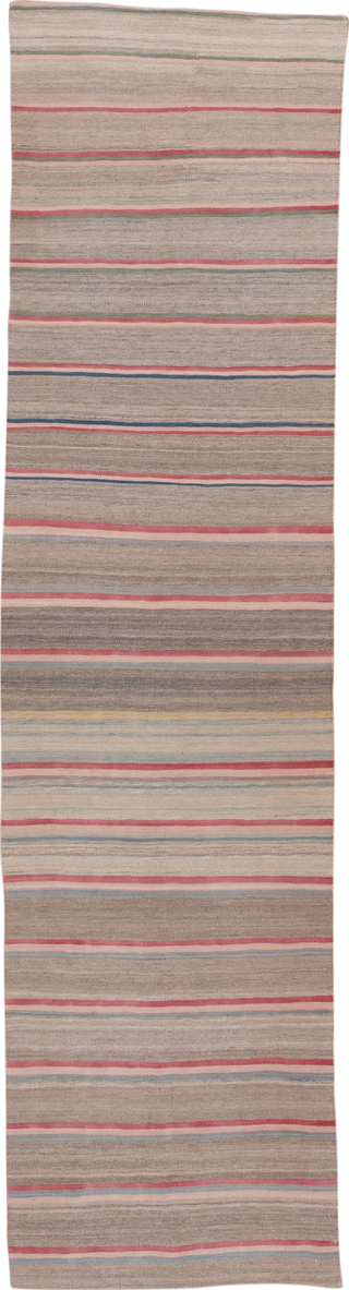 2' x 11' one-of-a-kind handmade vintage Kilim runner rug. Color palette: taupe, rose, ivory, slate, muted_blue, sage, beige
