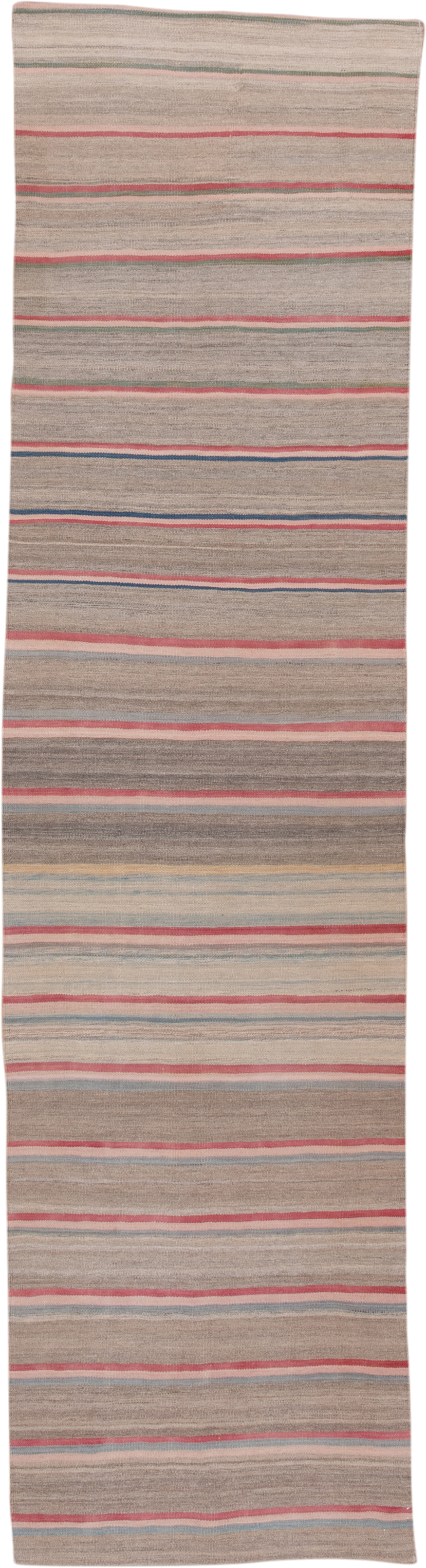 2' x 11' one-of-a-kind handmade vintage Kilim runner rug. Color palette: taupe, rose, ivory, slate, muted_blue, sage, beige