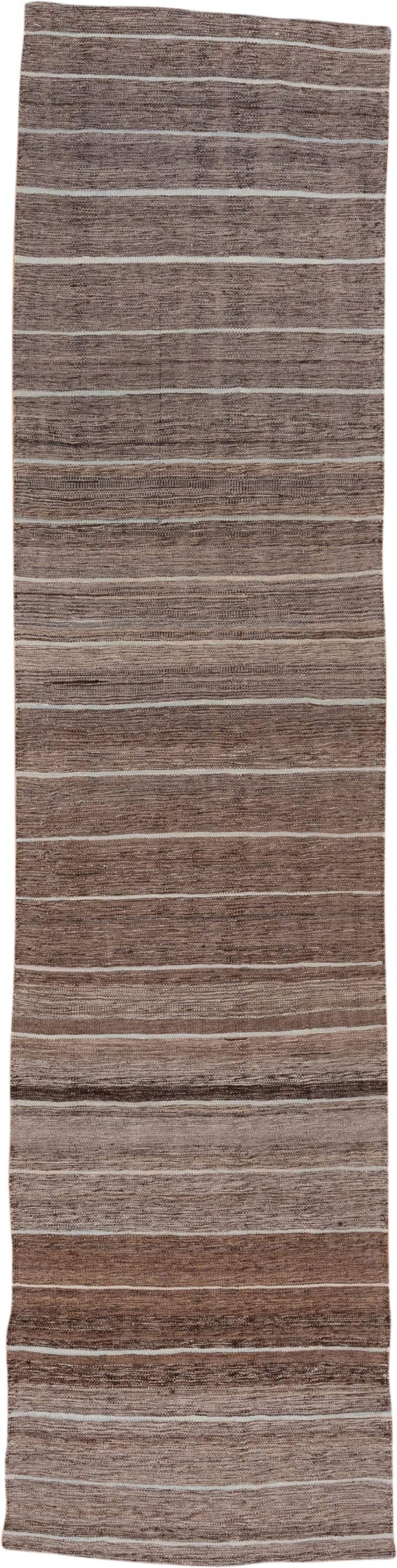 2' x 11' one-of-a-kind handmade vintage Kilim runner rug. Color palette: taupe, brown, ivory, camel, greige, beige, gray
