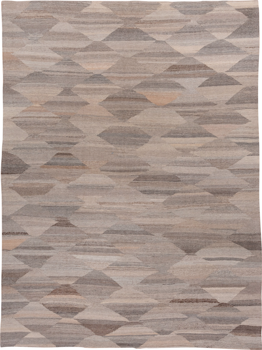 8' x 11' one-of-a-kind handmade vintage Kilim large size rug. Color palette: taupe, ivory, gray, beige, camel, greige