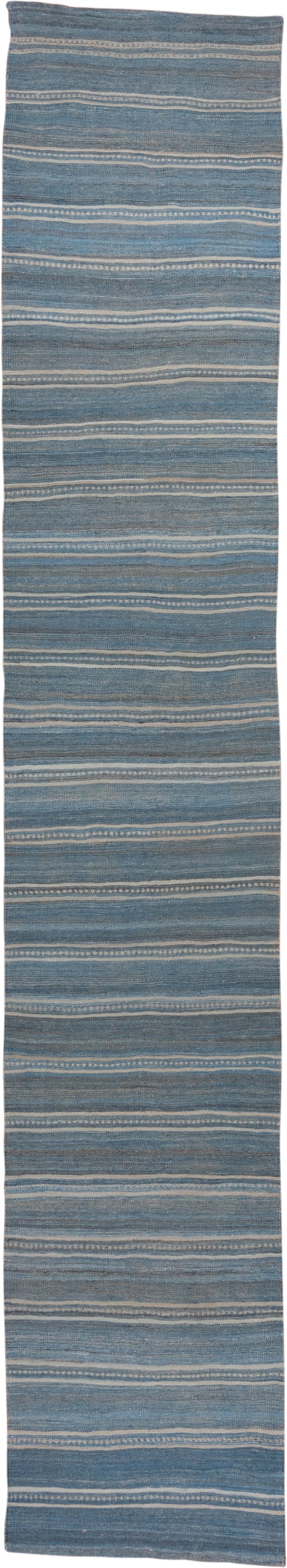 2' x 18' one-of-a-kind handmade vintage Kilim runner rug. Color palette: blue, ivory, taupe, slate, beige, gray