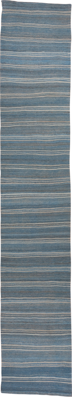 2' x 18' one-of-a-kind handmade vintage Kilim runner rug. Color palette: blue, ivory, taupe, slate, beige, gray