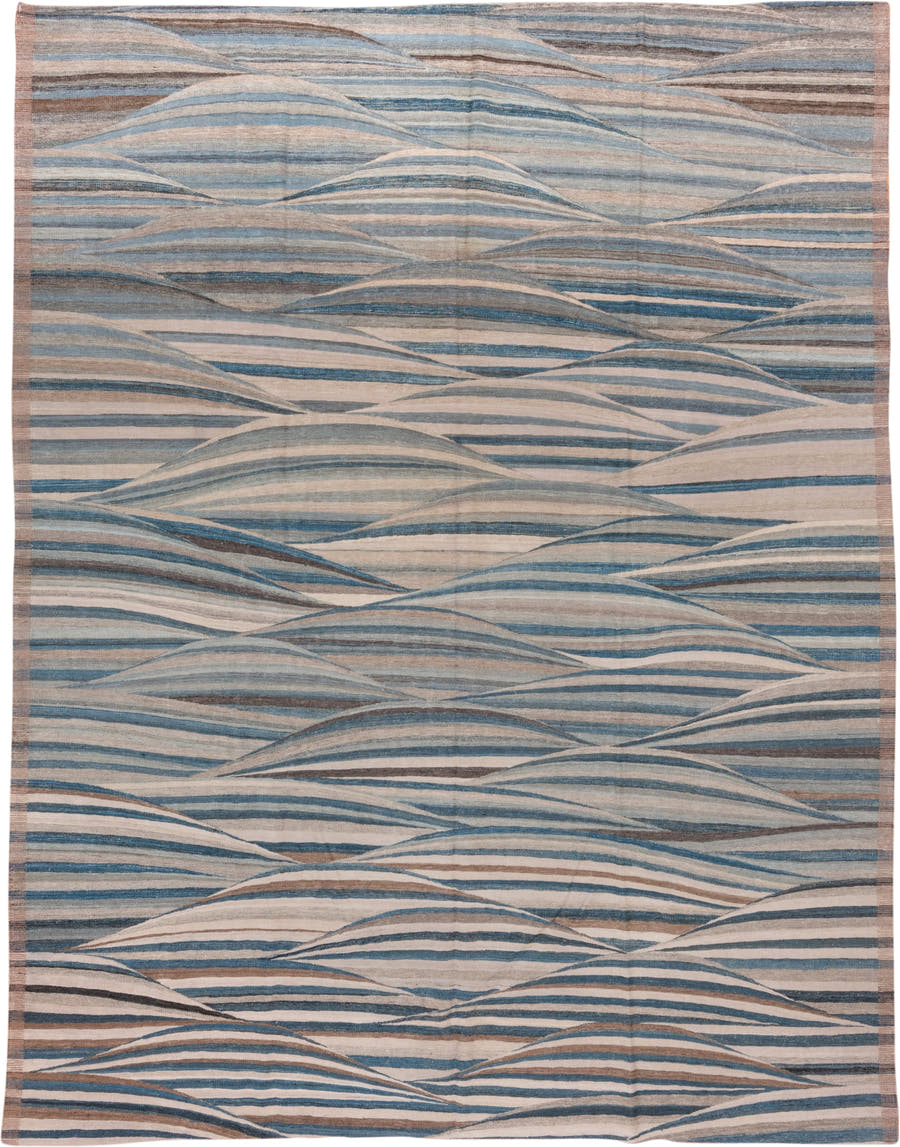 8' x 11' one-of-a-kind handmade vintage Kilim large size rug. Color palette: ivory, sky blue, taupe, slate, charcoal, beige