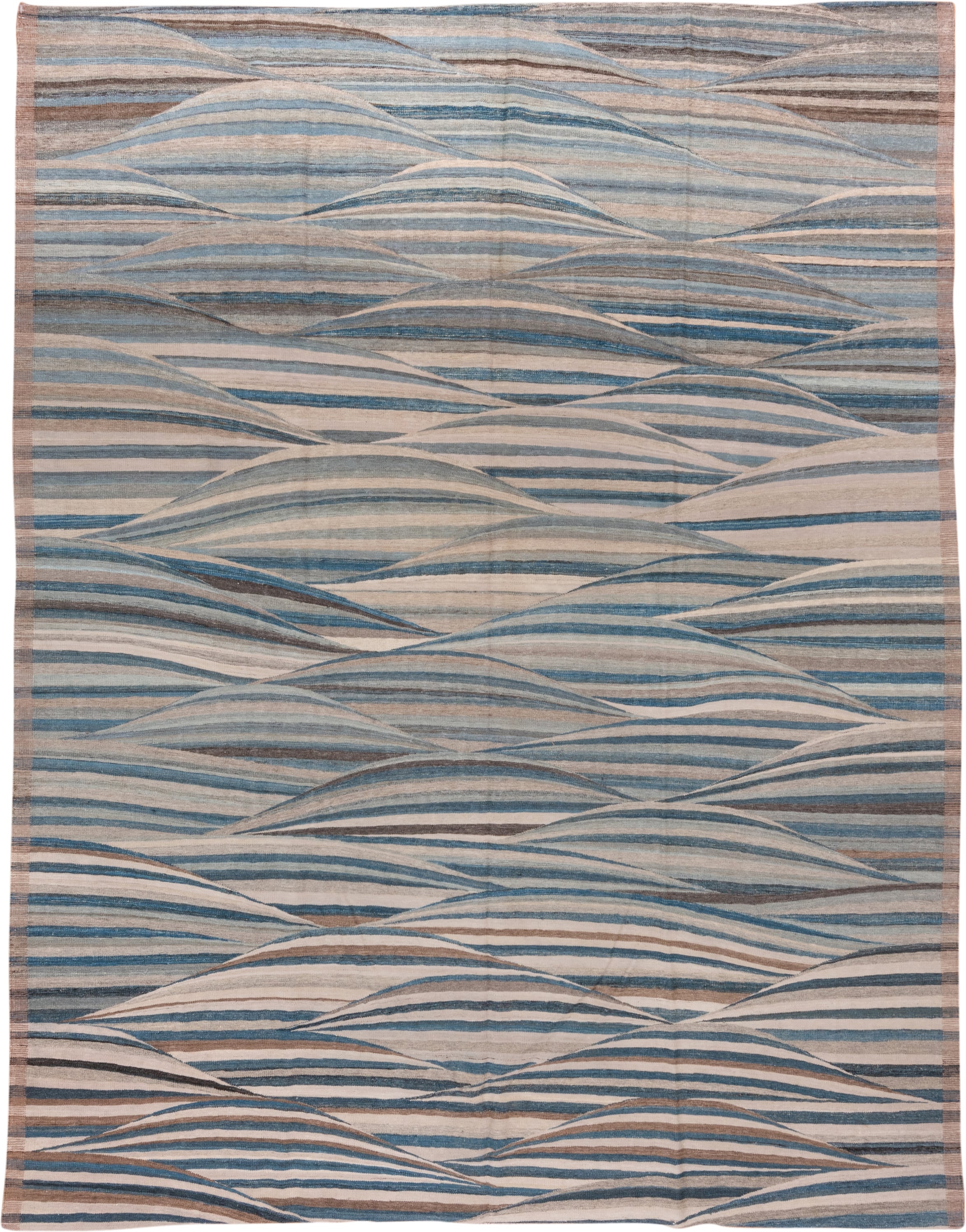8' x 11' one-of-a-kind handmade vintage Kilim large size rug. Color palette: ivory, sky blue, taupe, slate, charcoal, beige