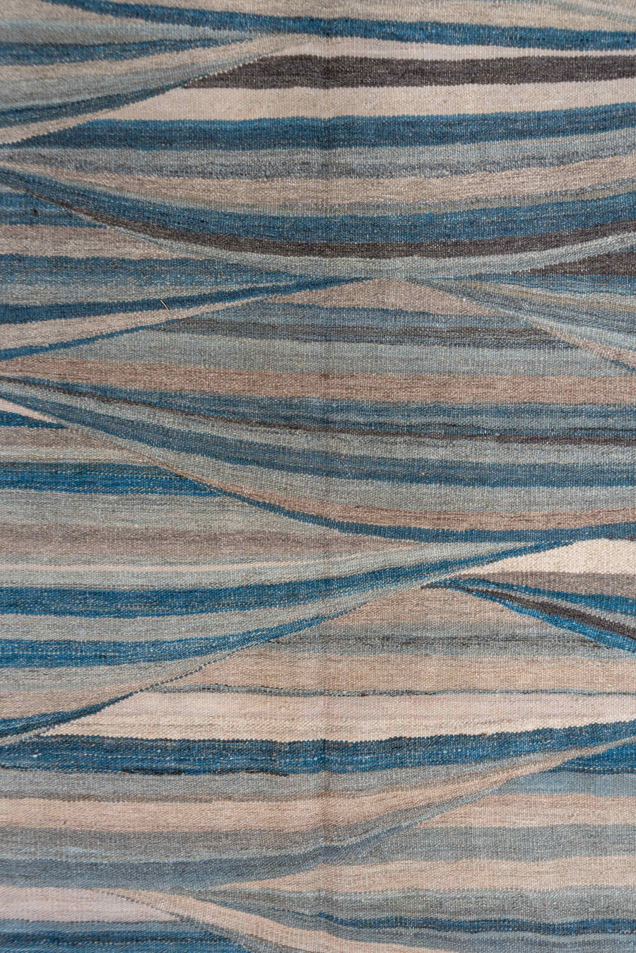 8' x 11' one-of-a-kind handmade vintage Kilim large size rug. Color palette: ivory, sky blue, taupe, slate, charcoal, beige