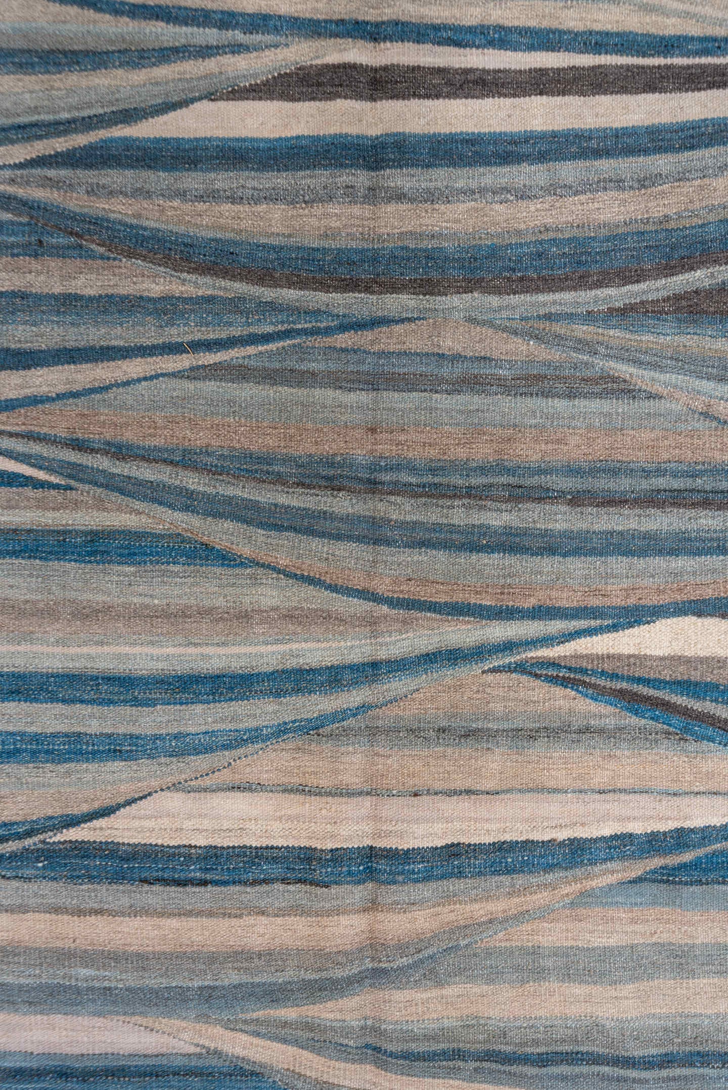 8' x 11' one-of-a-kind handmade vintage Kilim large size rug. Color palette: ivory, sky blue, taupe, slate, charcoal, beige