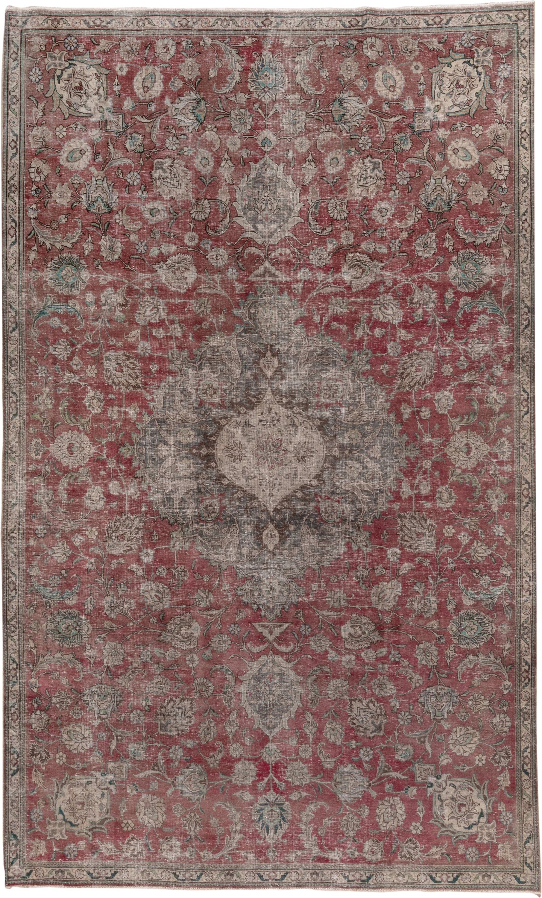 7' x 13' one-of-a-kind handmade vintage Distressed large size rug. Color palette: rose, ivory, taupe, slate, sage, charcoal