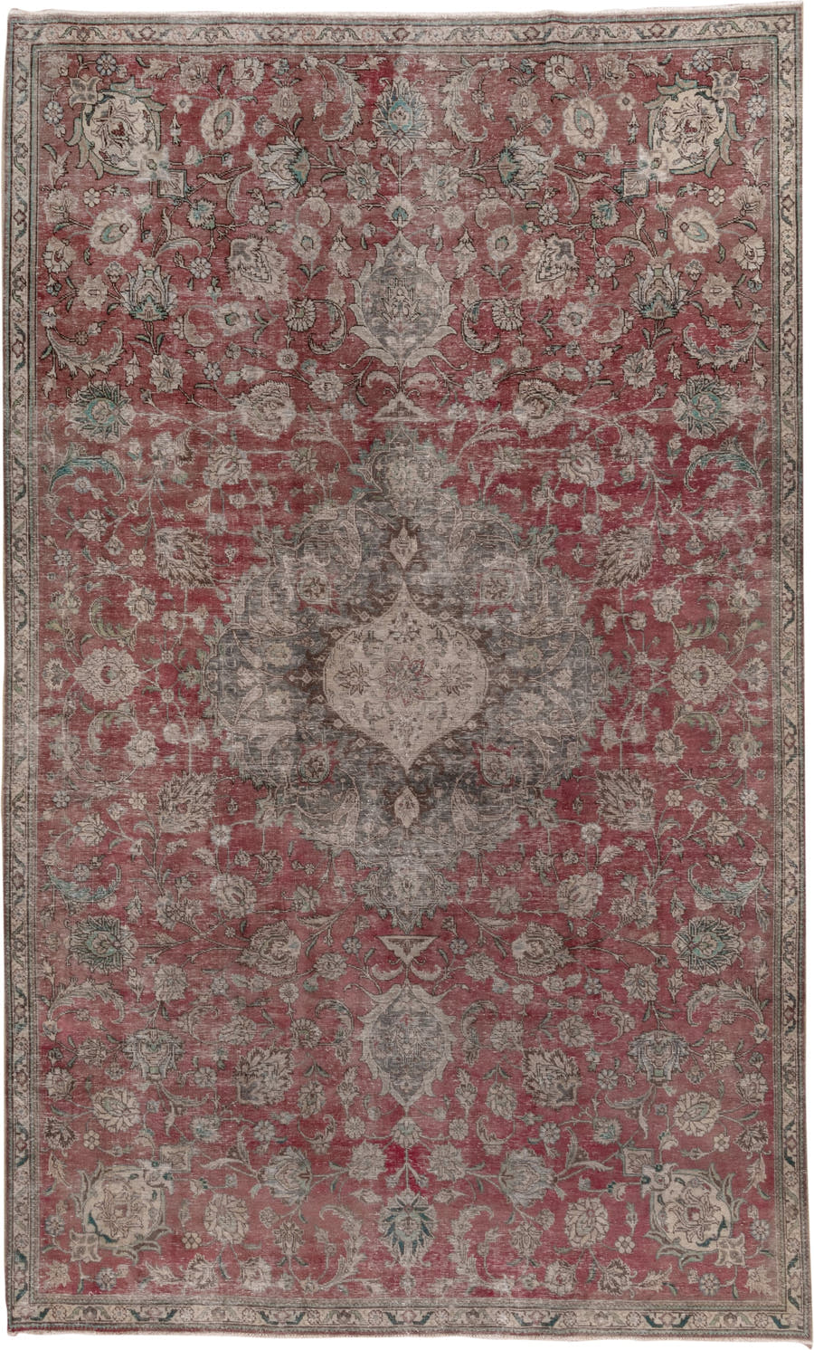 7' x 13' one-of-a-kind handmade vintage Distressed large size rug. Color palette: rose, ivory, taupe, slate, sage, charcoal