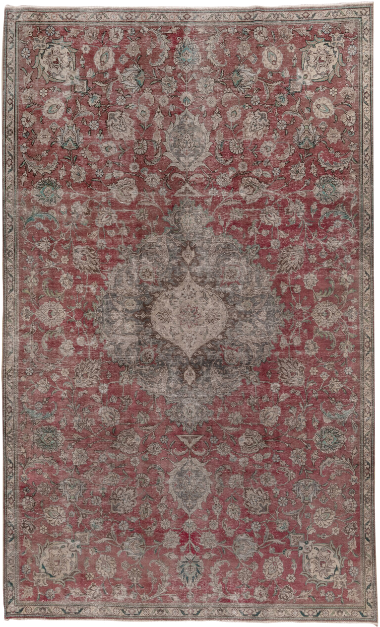 7' x 13' one-of-a-kind handmade vintage Distressed large size rug. Color palette: rose, ivory, taupe, slate, sage, charcoal