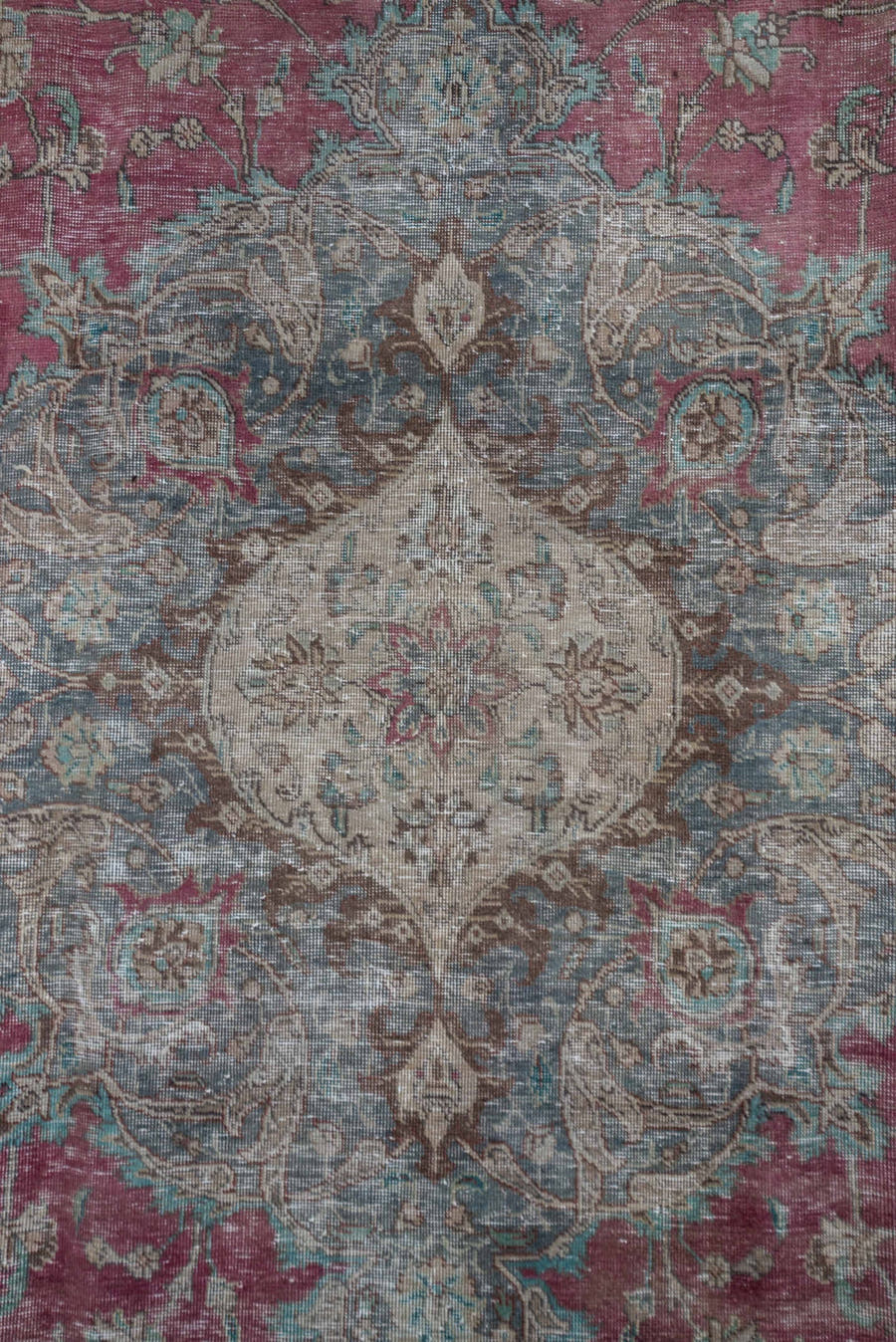 7' x 13' one-of-a-kind handmade vintage Distressed large size rug. Color palette: rose, ivory, taupe, slate, sage, charcoal