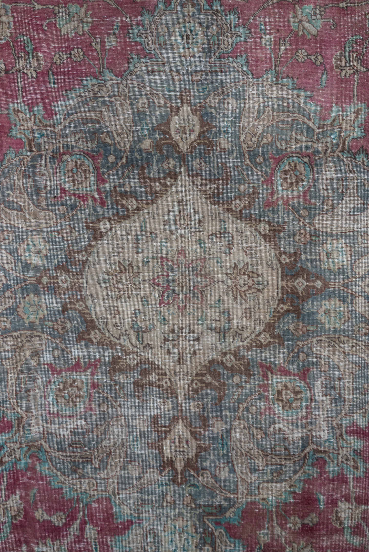 7' x 13' one-of-a-kind handmade vintage Distressed large size rug. Color palette: rose, ivory, taupe, slate, sage, charcoal