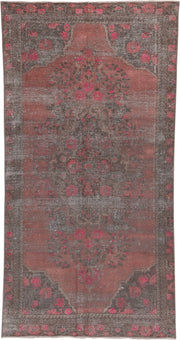 4' x 8' one-of-a-kind handmade vintage Distressed rug. Color palette: rose, charcoal, taupe, crimson, brown, pink, red, gray