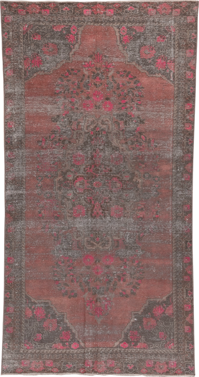 4' x 8' one-of-a-kind handmade vintage Distressed rug. Color palette: brown, gray, light gray, pink, red, rosy brown