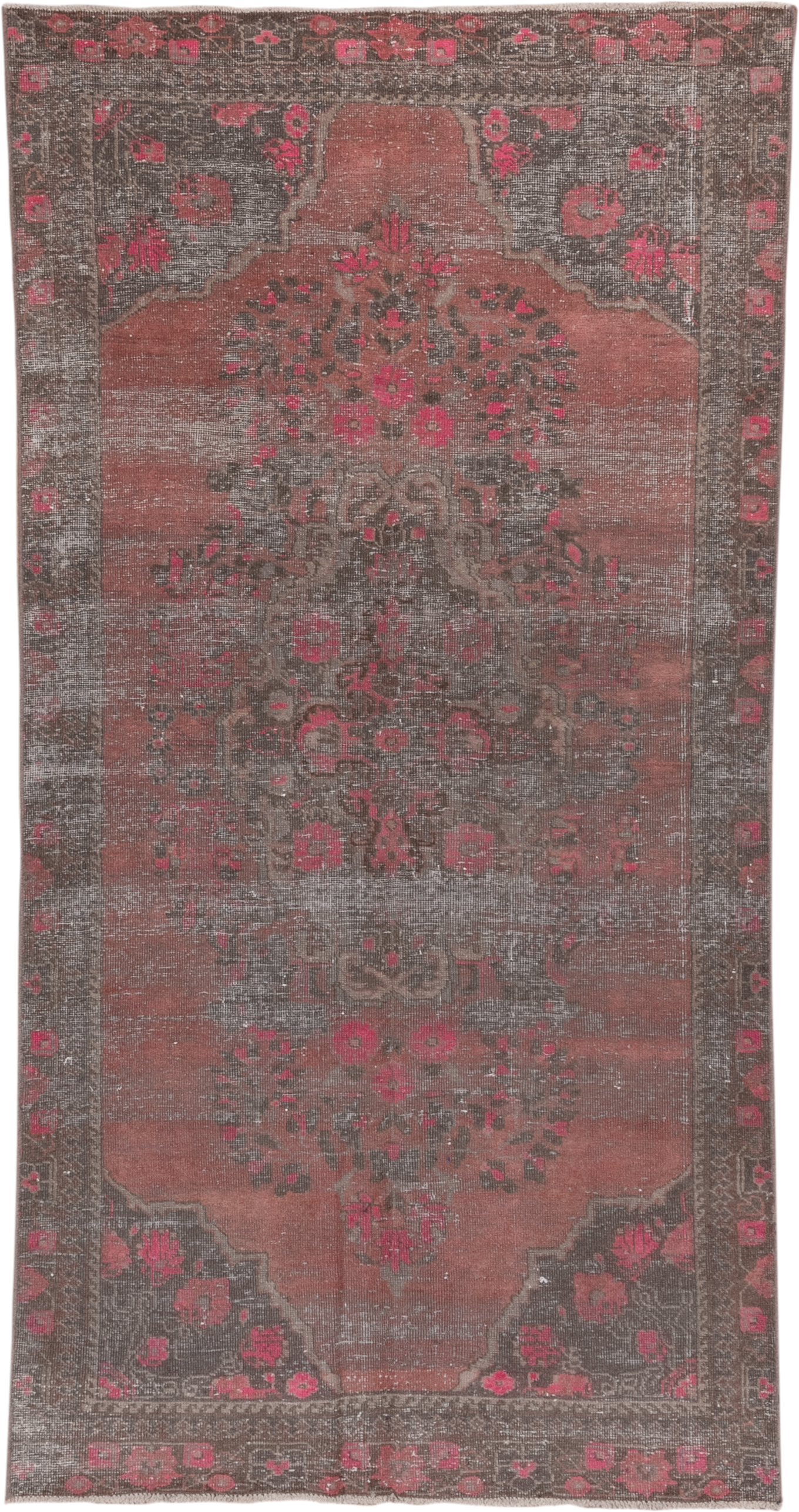 4' x 8' one-of-a-kind handmade vintage Distressed rug. Color palette: rose, charcoal, taupe, crimson, brown, pink, red, gray