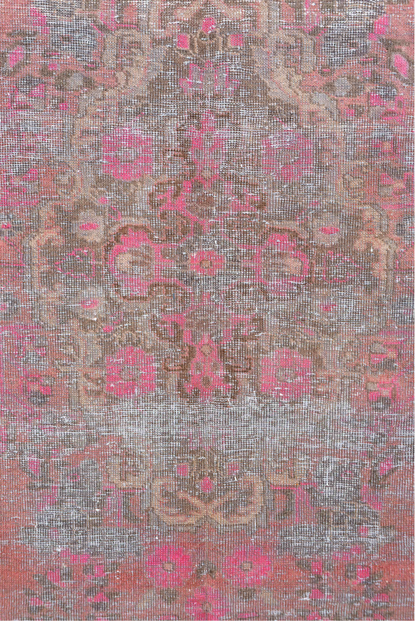 4' x 8' one-of-a-kind handmade vintage Distressed rug. Color palette: brown, gray, light gray, pink, red, rosy brown