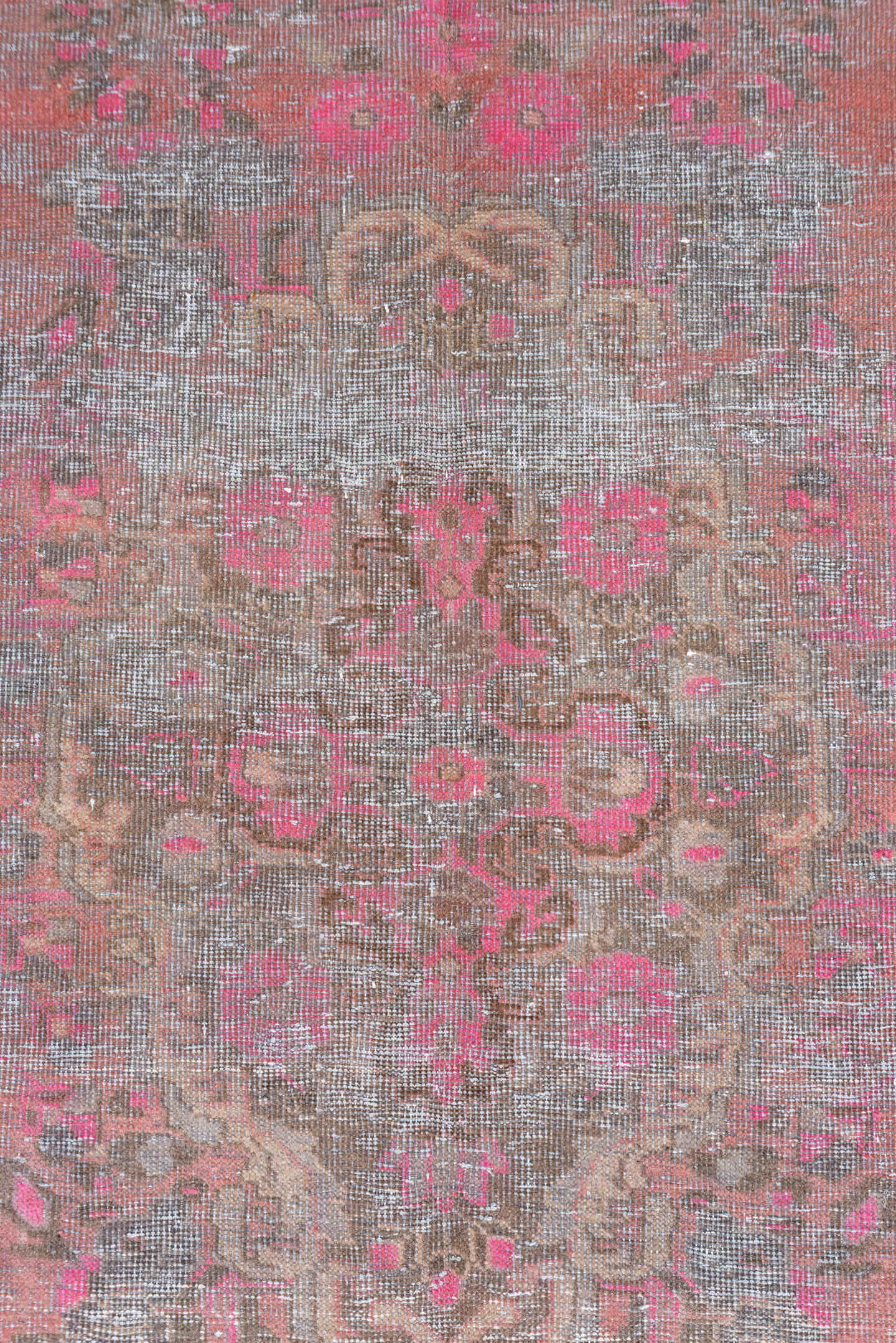 4' x 8' one-of-a-kind handmade vintage Distressed rug. Color palette: rose, charcoal, taupe, crimson, brown, pink, red, gray