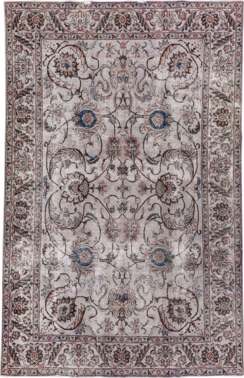 7' x 10' one-of-a-kind handmade vintage Mov large size rug. Color palette: ivory, taupe, brown, rose, sky_blue, slate