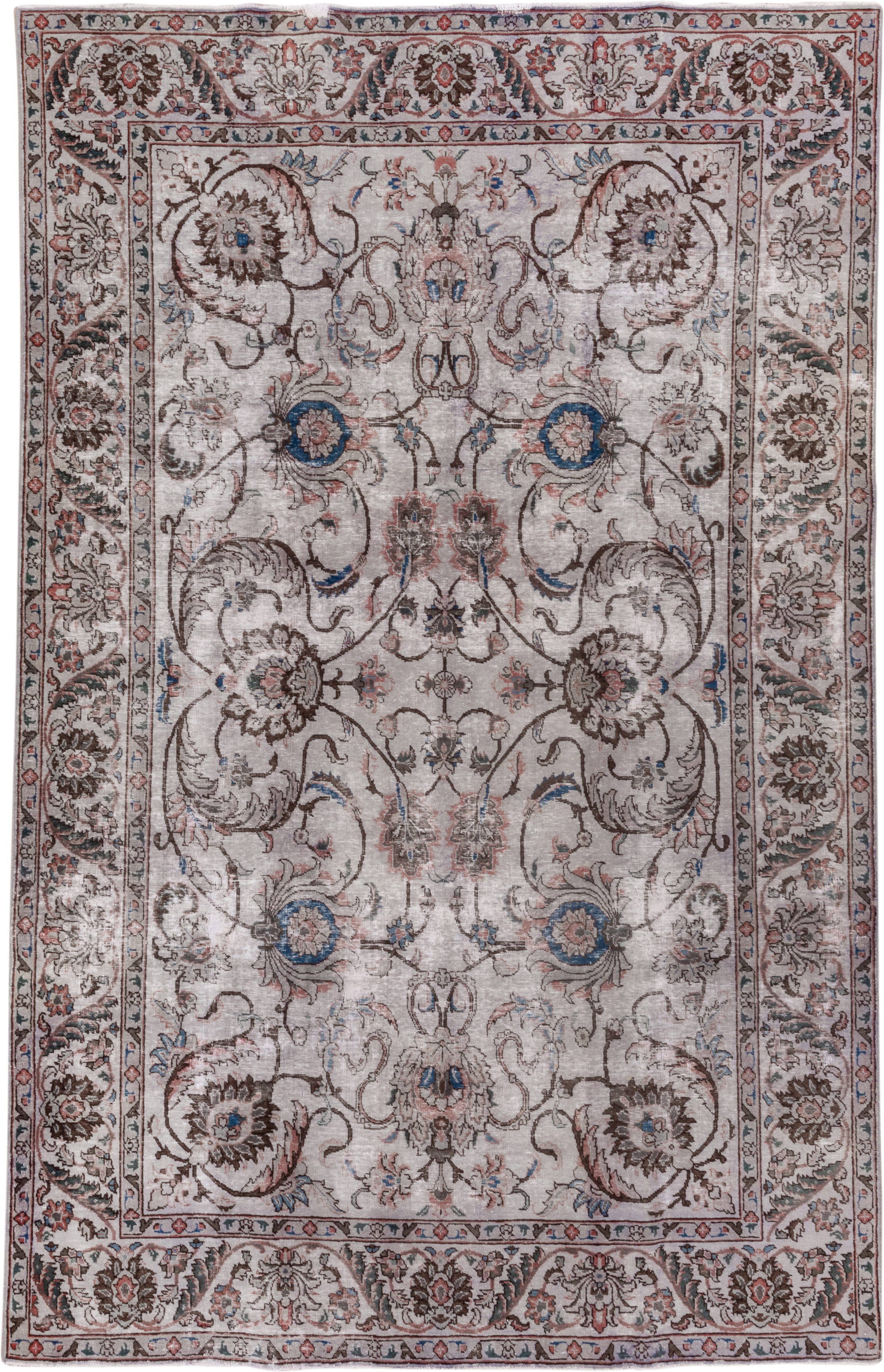7' x 10' one-of-a-kind handmade vintage Mov large size rug. Color palette: ivory, taupe, brown, rose, sky_blue, slate