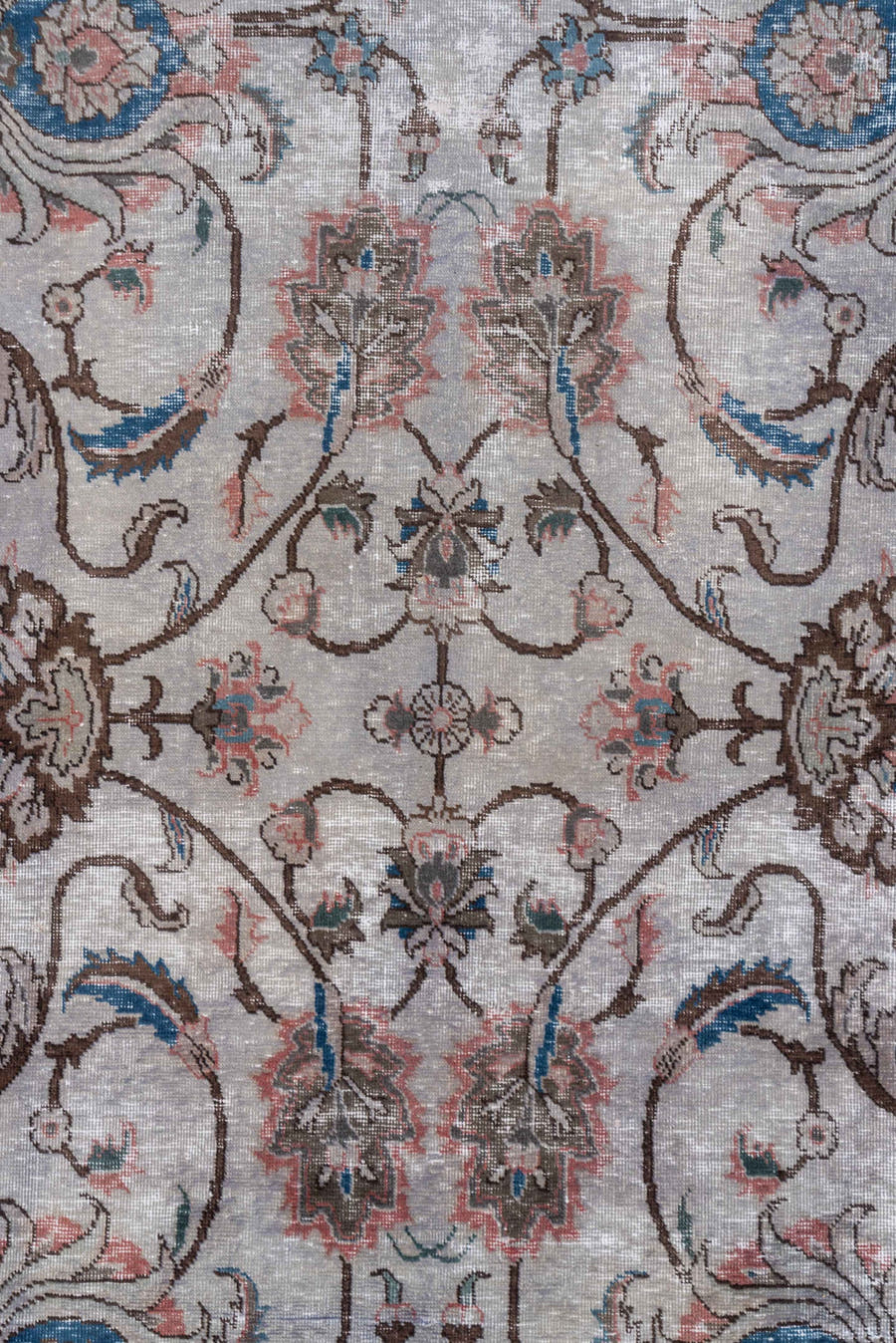 7' x 10' one-of-a-kind handmade vintage Mov large size rug. Color palette: ivory, taupe, brown, rose, sky_blue, slate