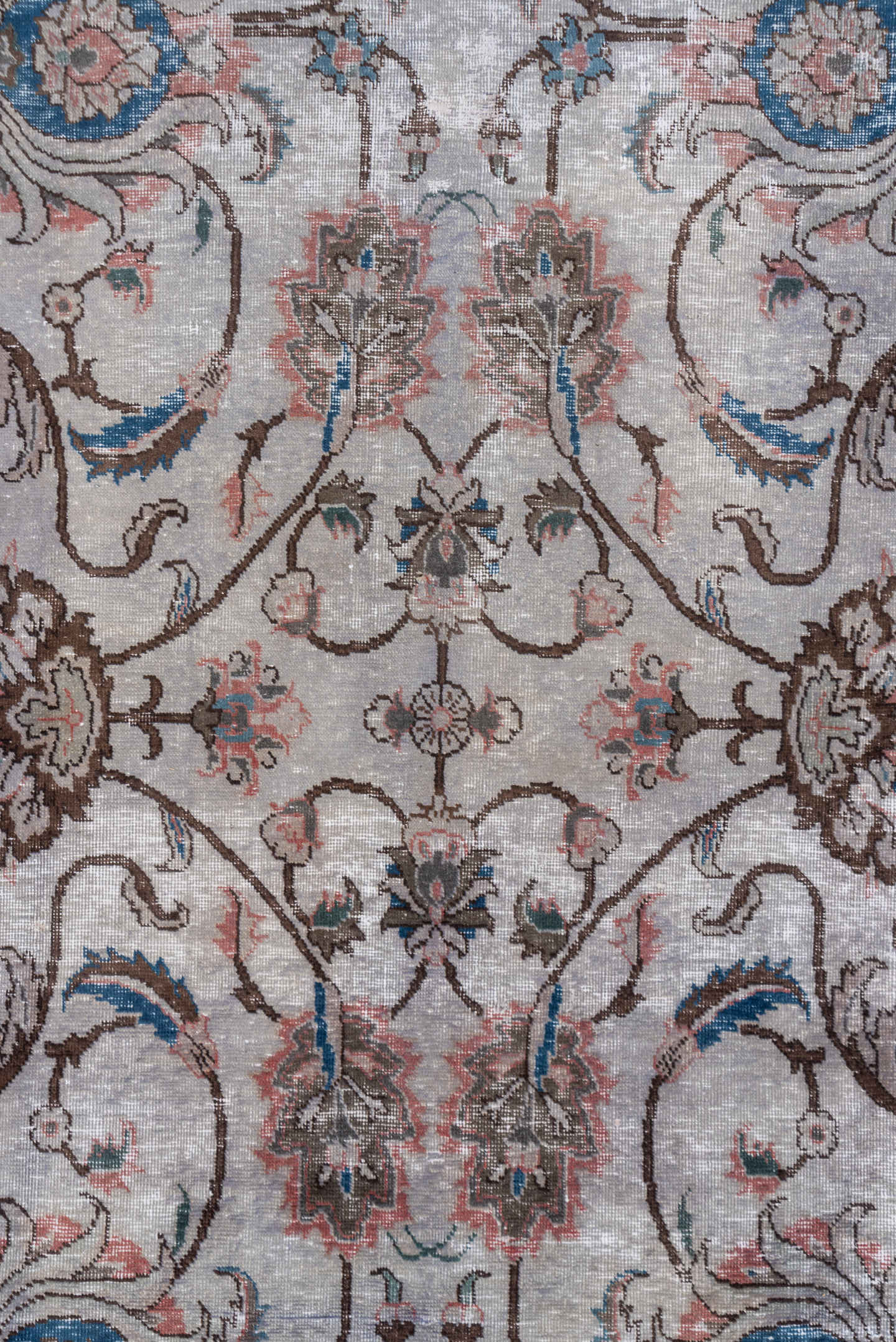 7' x 10' one-of-a-kind handmade vintage Mov large size rug. Color palette: ivory, taupe, brown, rose, sky_blue, slate