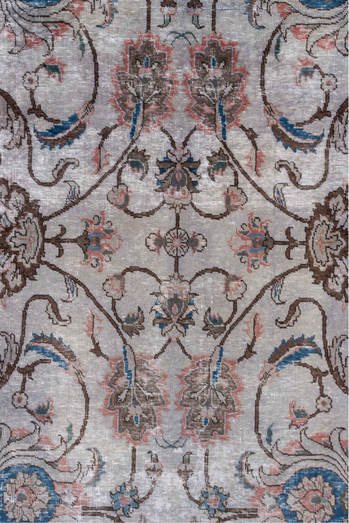 7' x 10' one-of-a-kind handmade vintage Mov large size rug. Color palette: ivory, taupe, brown, rose, sky_blue, slate