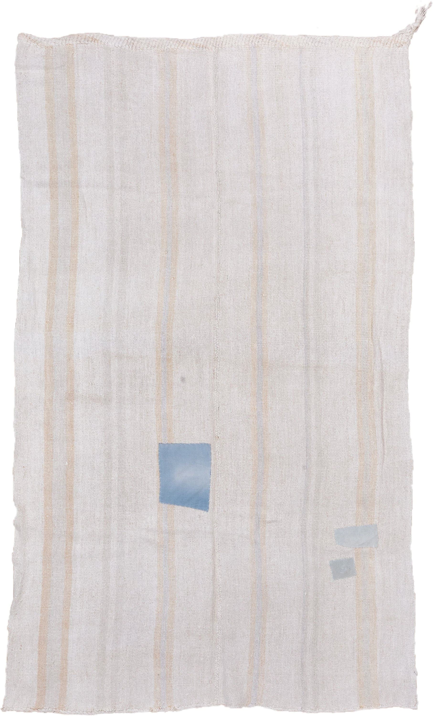 6' x 10' one-of-a-kind handmade vintage Hemp Kilim large size rug. Color palette: ivory, beige, pale blue, light gray