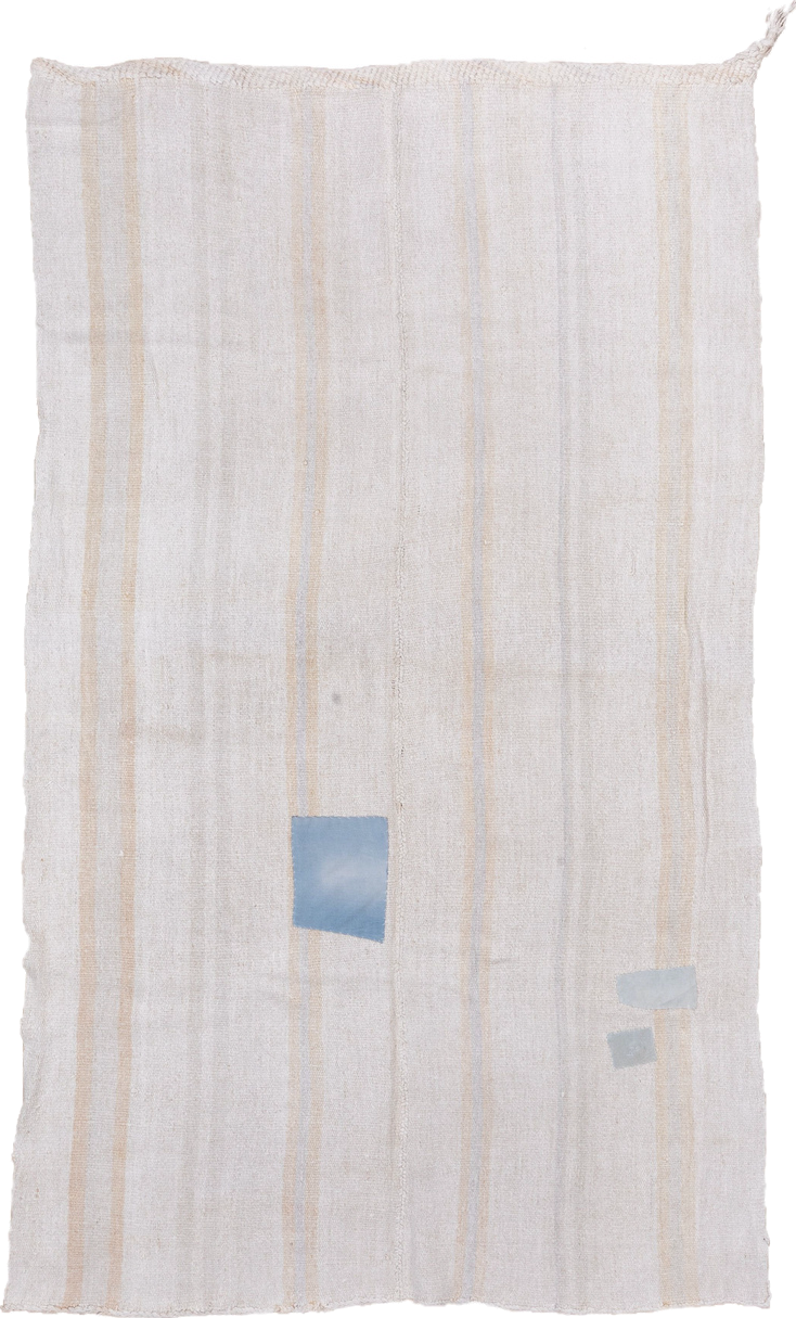 6' x 10' one-of-a-kind handmade vintage Hemp Kilim large size rug. Color palette: ivory, beige, pale blue, light gray