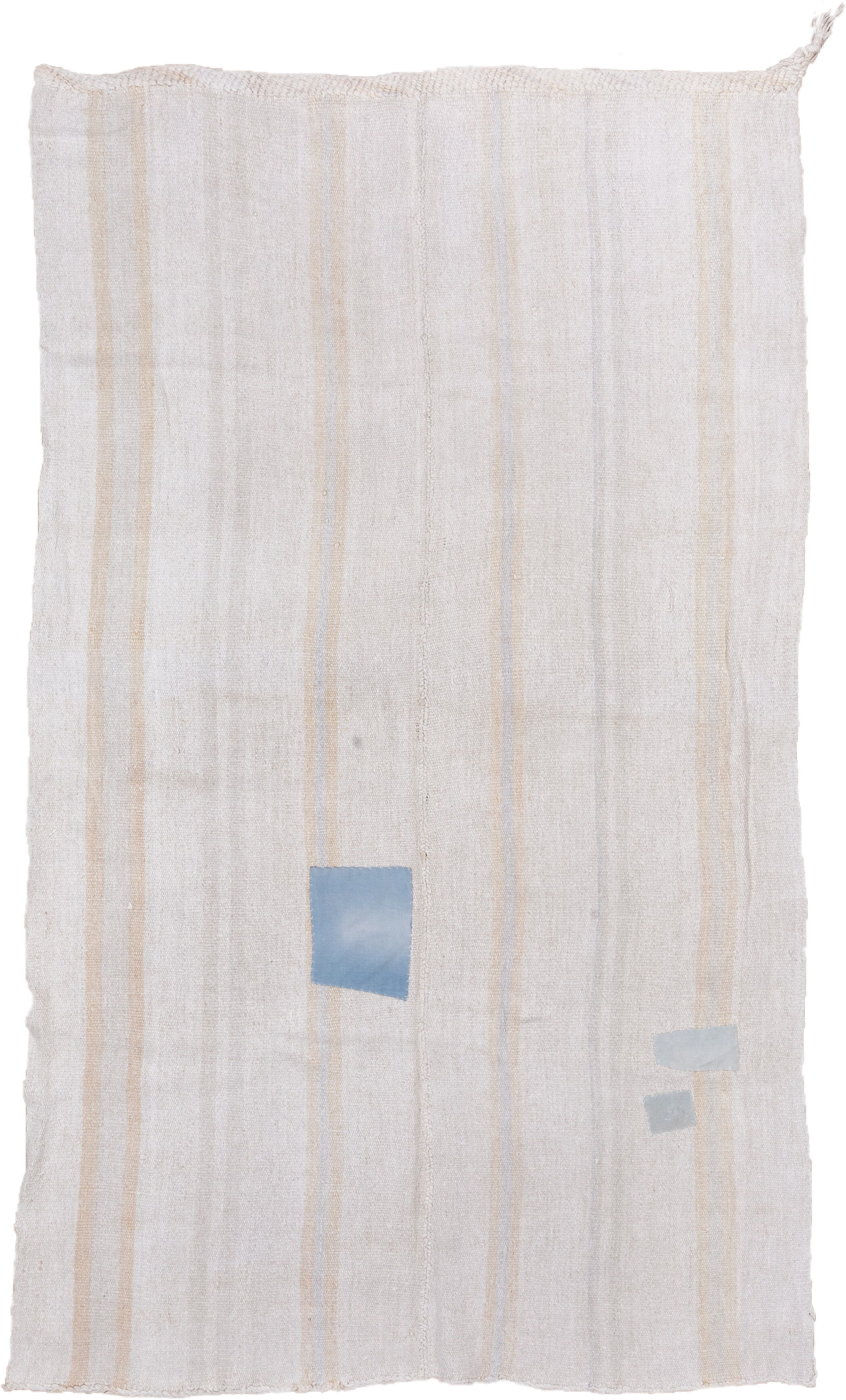 6' x 10' one-of-a-kind handmade vintage Hemp Kilim large size rug. Color palette: ivory, beige, pale blue, light gray