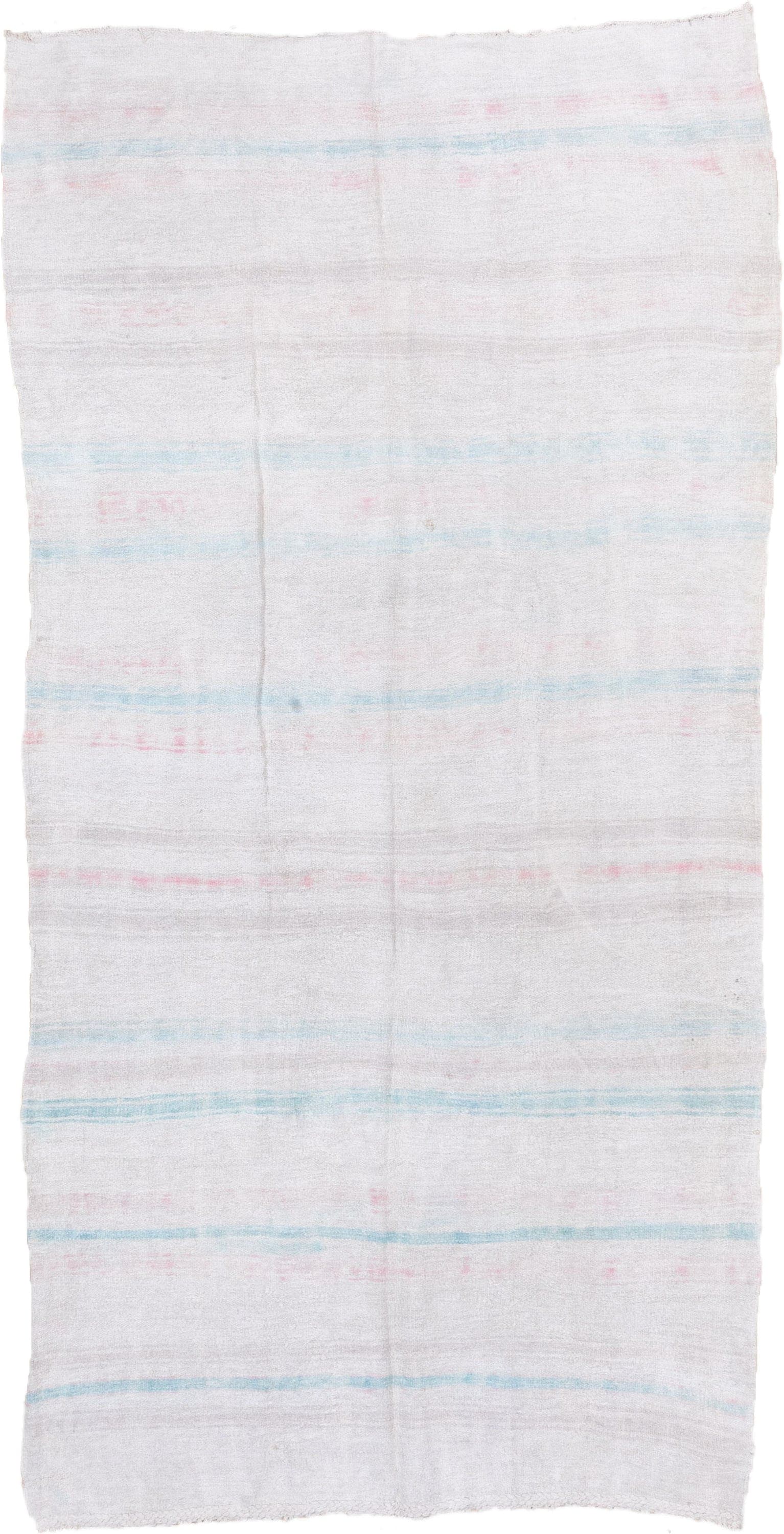 5' x 10' one-of-a-kind handmade vintage Hemp Kilim medium size rug. Color palette: ivory, pale aqua, blush, cream, taupe