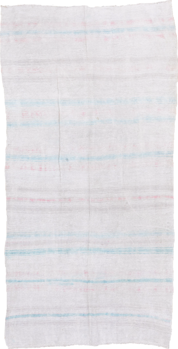 5' x 10' one-of-a-kind handmade vintage Hemp Kilim medium size rug. Color palette: ivory, pale aqua, blush, cream, taupe