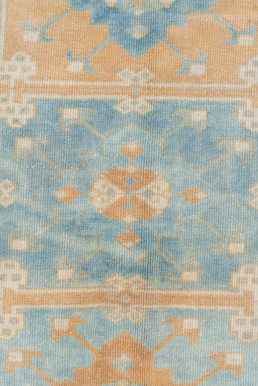 6' x 8' one-of-a-kind handmade vintage Konya medium size rug. Color palette: sky blue, ivory, sand, beige, camel, light blue