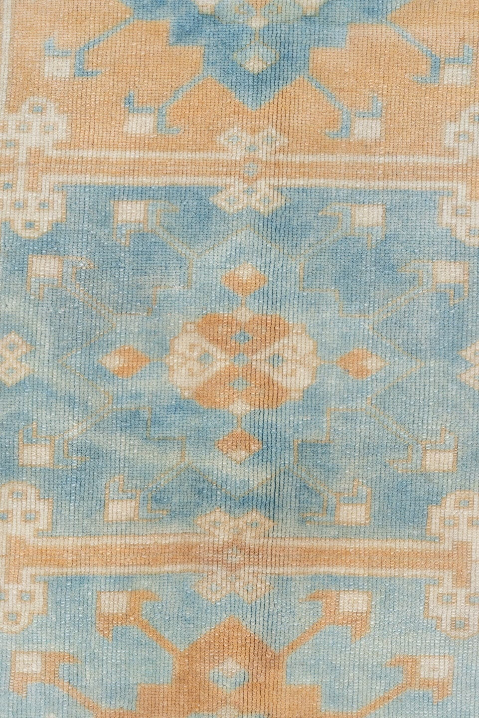 6' x 8' one-of-a-kind handmade vintage Konya medium size rug. Color palette: sky blue, ivory, sand, beige, camel, light blue