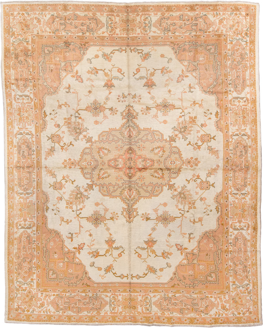 10' x 12' one-of-a-kind handmade antique Oushak large size rug. Color palette: ivory, peach, apricot, muted gold, taupe
