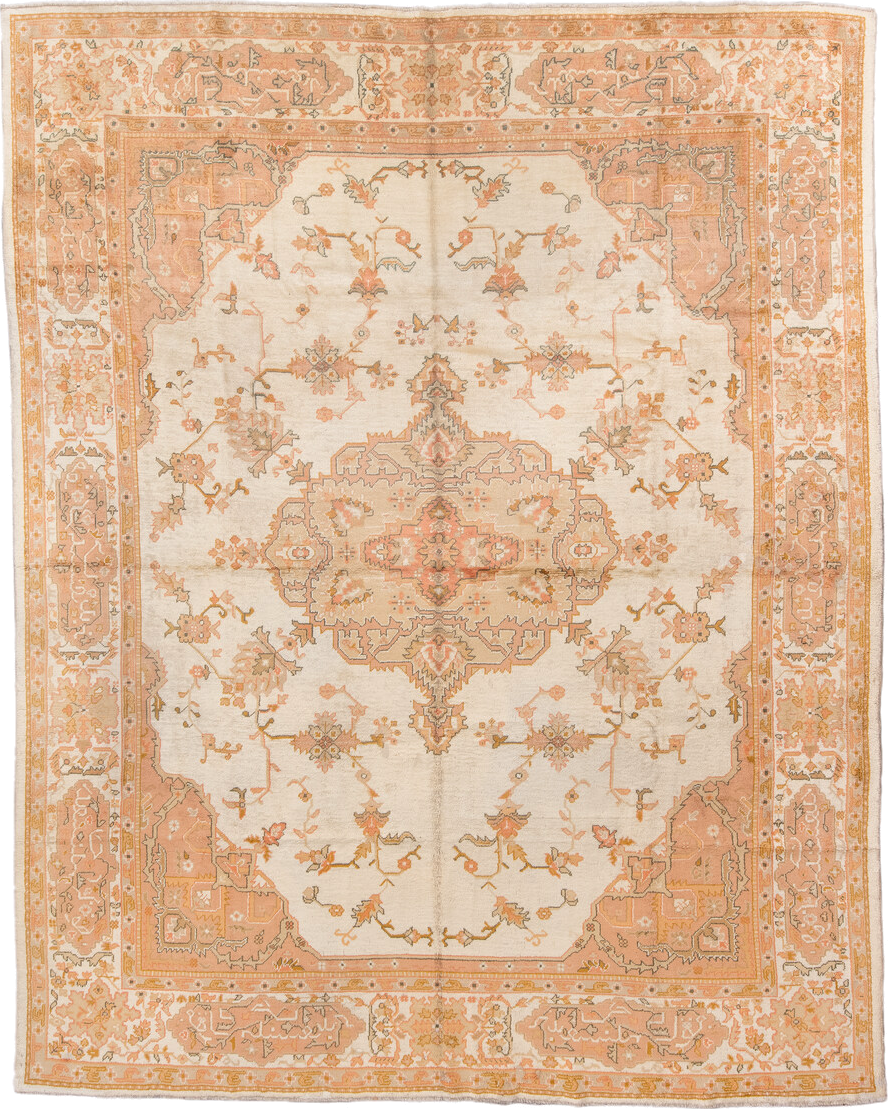 10' x 12' one-of-a-kind handmade antique Oushak large size rug. Color palette: ivory, peach, apricot, muted gold, taupe